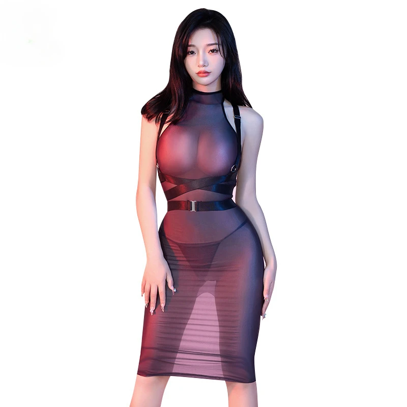 Transparent Tight Dress Women Sexy High Elastic Rope Tied Up Bodycon Dress Erotic Lingerie Nightclub Apparel Hip Wrapped Skirts