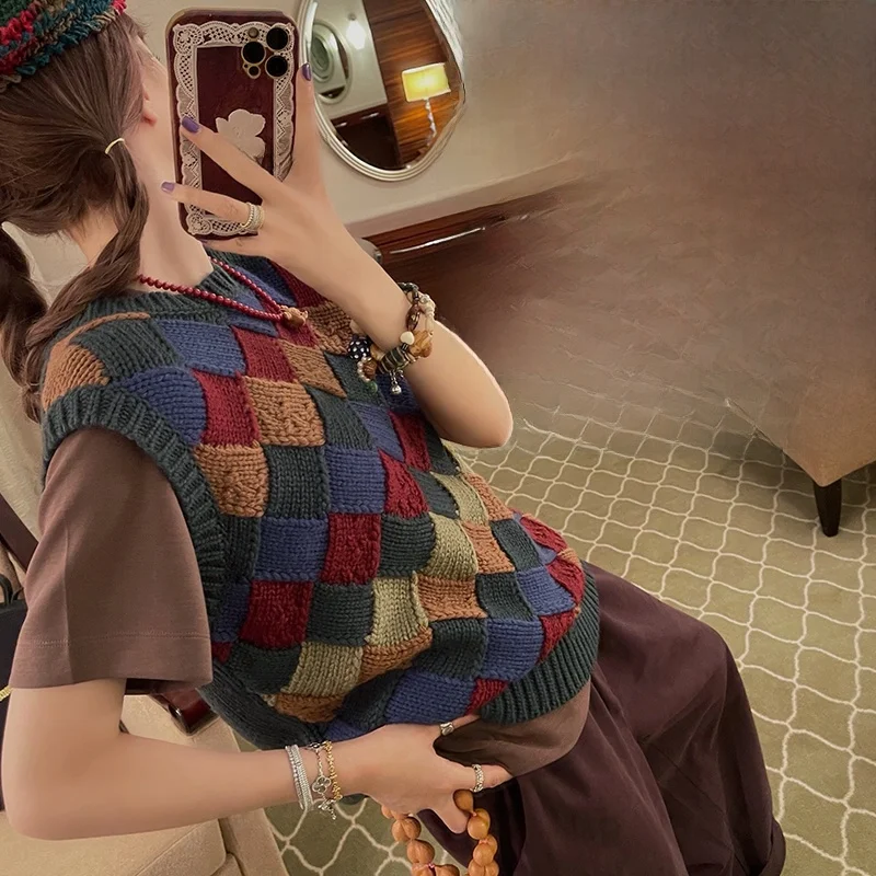 

Вязаный шерстяной жилет VIMAg ручной работы в стиле ретро с 3D-клеткой, эксклюзивная коллекция, для многослойных образов, женская мода