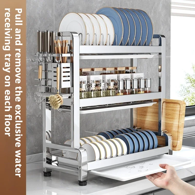 

3 Tier Dish Bowl Drainer Thickening Kitchen Dish Drying Rack Multi-function Countertop Dinnerware Organizer with Utensil Holder