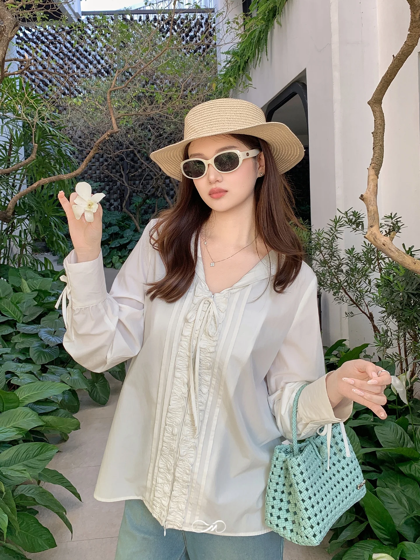 

Mashixi plus Size Women's Shirt Naval Collar Wooden Ear Long Sleeve Loose Fit Spring Casual Style for Plump MM