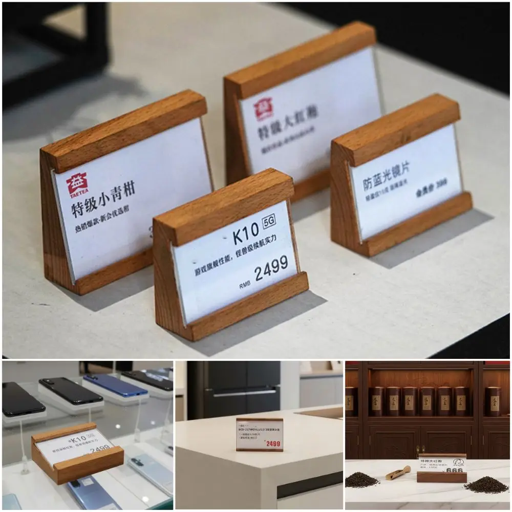 Creative Design Multi-size Price Tag Holder Kahki Coffee Sign Holder Label Stand Wood Base Price Display Rack Watch Display