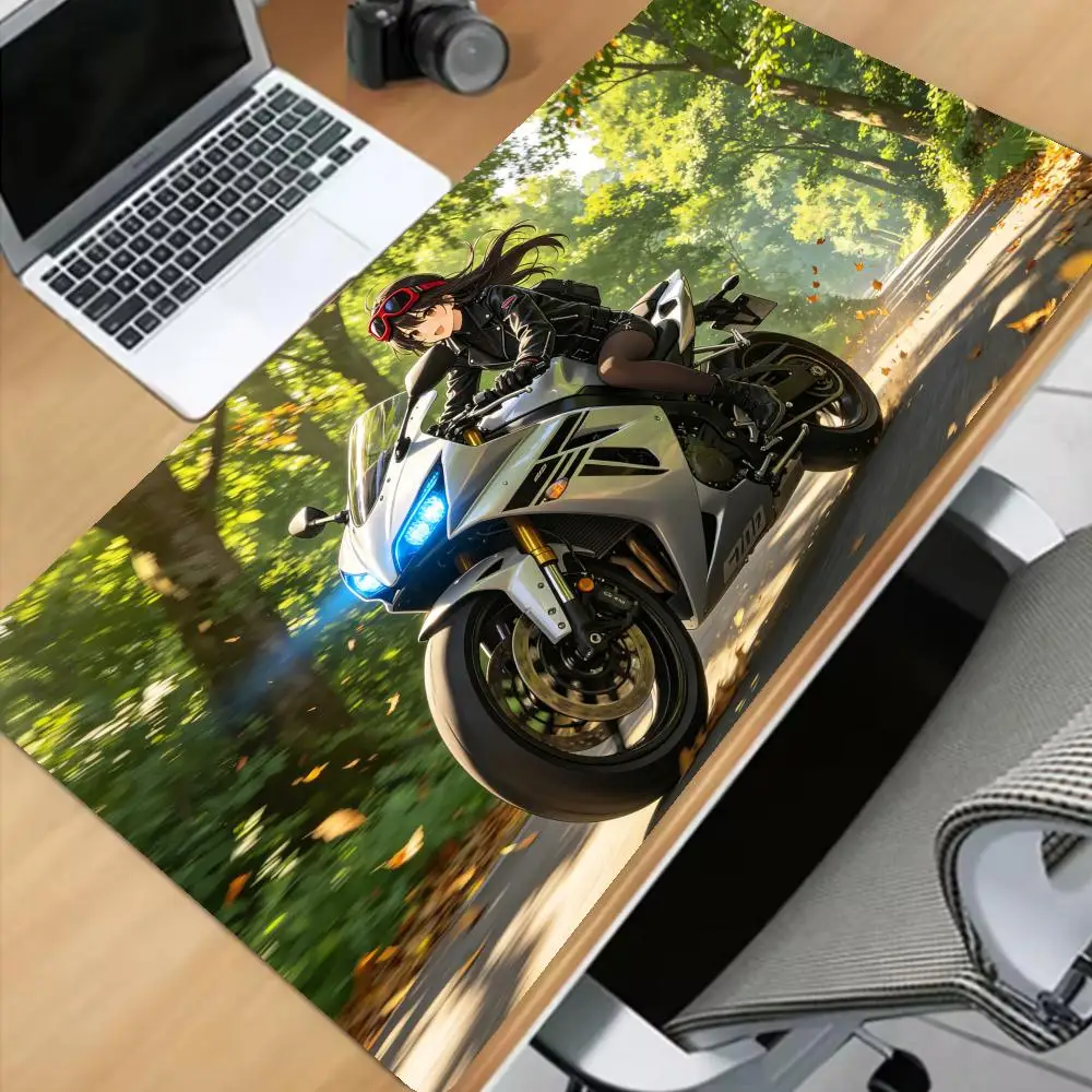 Anime-style motorcycle girl forest path desk mat/mouse pad - creating a scenic atmosphere for gamers and office workers XAXC