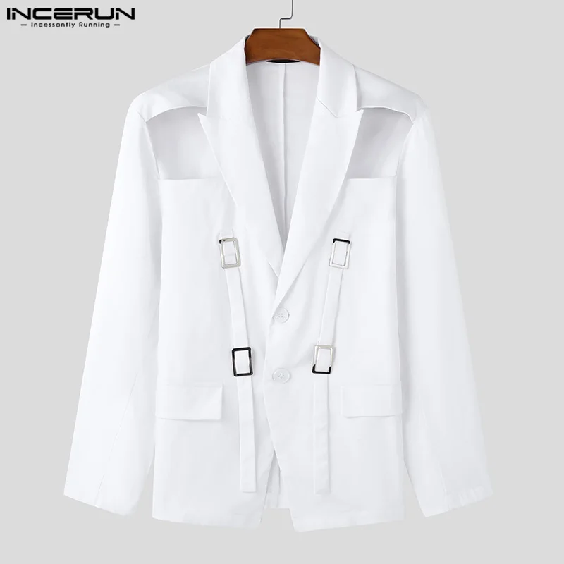 INCERUN Tops 2025 American Style Fashion Men Hollow Button Design Suit Coat Casual Streetwear Solid Long Sleeved Lace Up Blazers