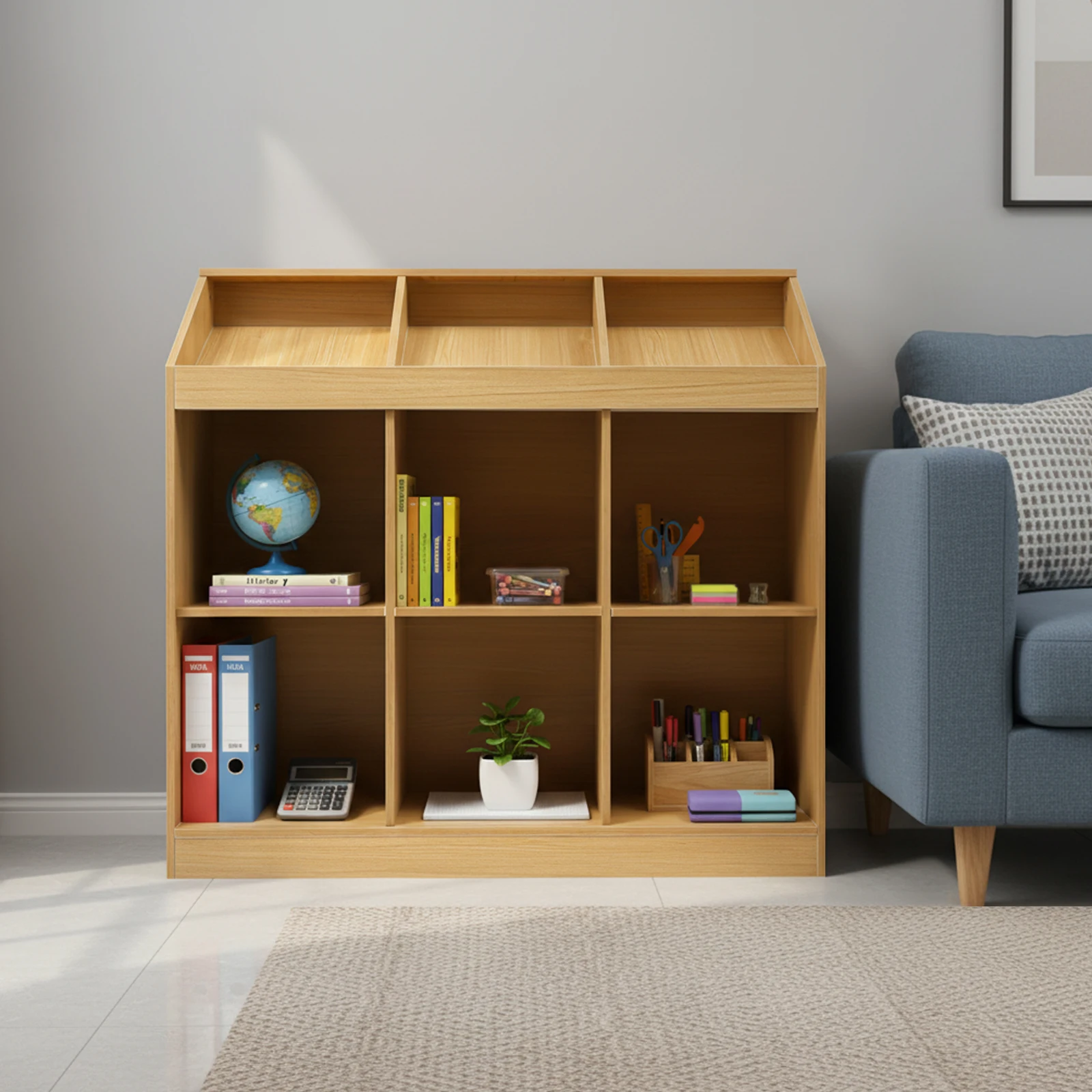 

9-Cube Storage Bookcase, Wooden Shelf Unit with Slanted Display, Floor Standing Organizer for Living Room, Bedroom