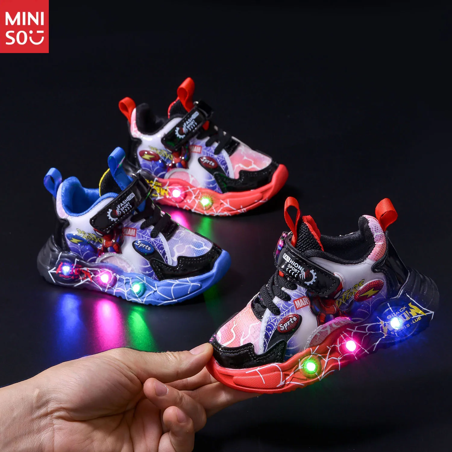 

Miniso 2025 Kids Light Up Sneakers Spring Autumn, Spider-Man LED Motion Sensor Leather Shoes for Boys