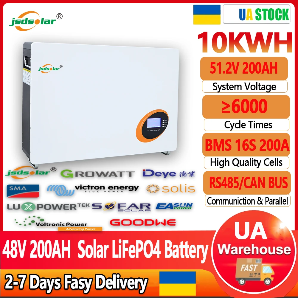 

48V 200Ah LiFePO4 Battery Pack 10Kwh Solar Storage System Energy Lithium Battery 6000+ Cycles 16S BMS RS485/CAN Powerwall