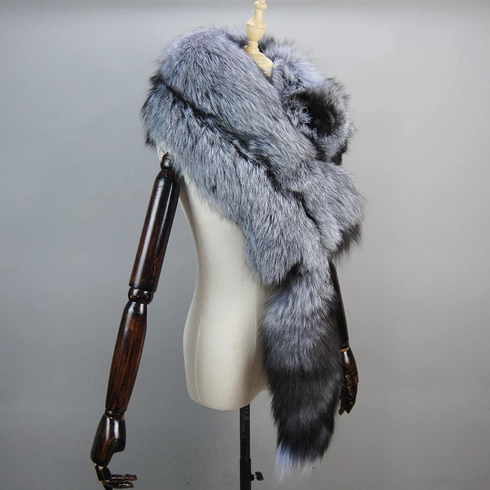 2024 Men\'s Real Fur Fox Scarf Woman Winter Warm Natural Fur Shawl Soft Headscarf Super big Gray Silver Fox Scarf Fur Accessories