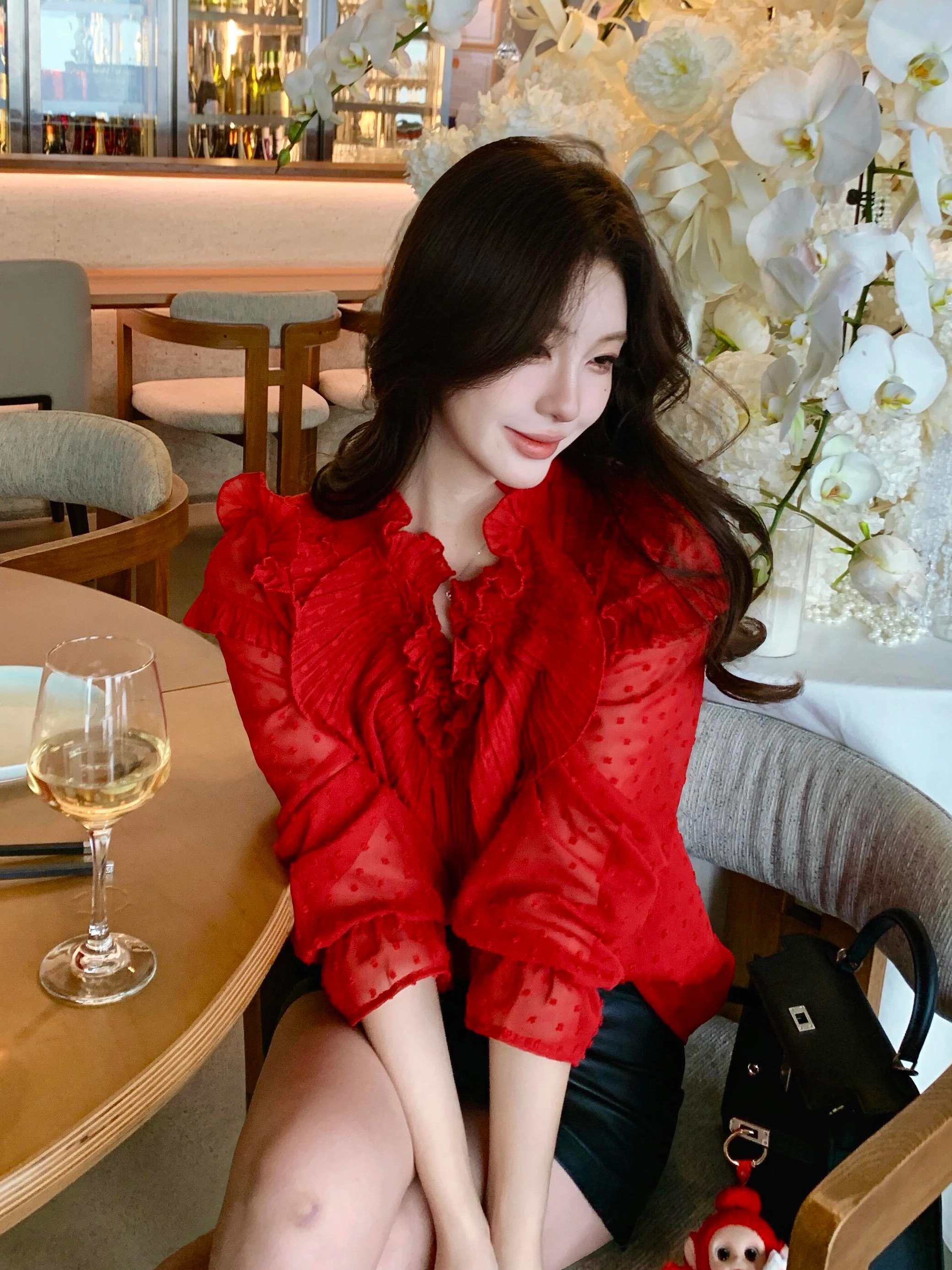 

Elegant Red Chiffon Shirt for Women Summer 2026 Unique Stylish High Waist Polyester Fiber Long Sleeve Floral Collar Top