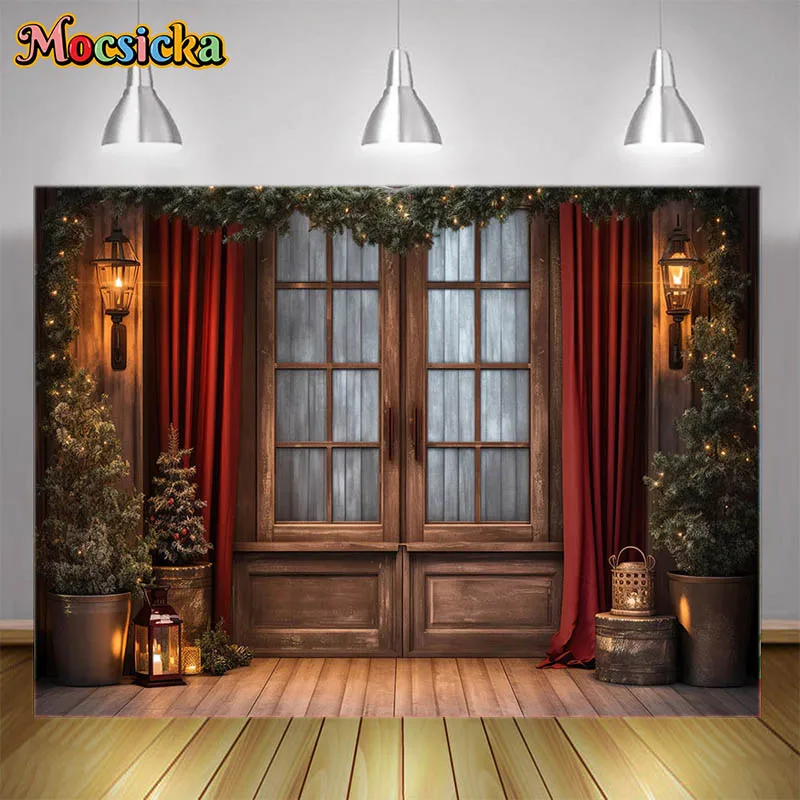 

Mocsicka Photography Backdrops Christmas Xmas Trees Red Curtains Wooden Doors and Floors Children Adults Portrait Photo Studio