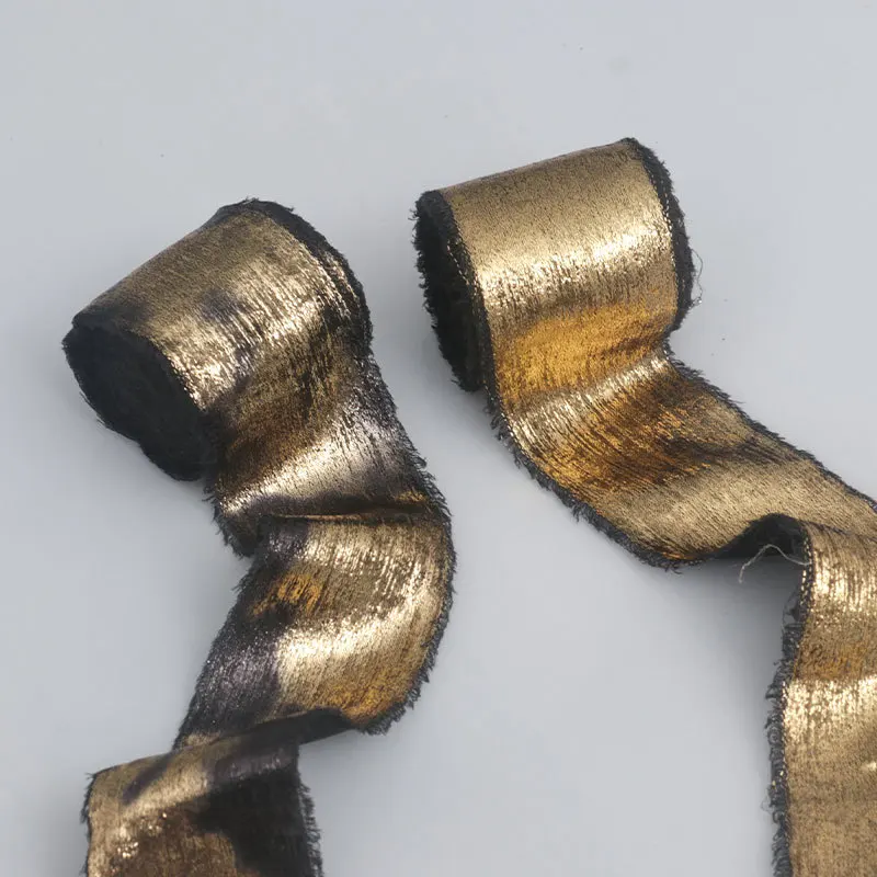 50 Yards handgefertigtes Band mit Fransen, Bänder für Blumensträuße, Geschenkverpackungen, DIY-Bastelarbeiten, Partydekorationen, 4 cm, goldgeprägtes Seidenband – Detail 3