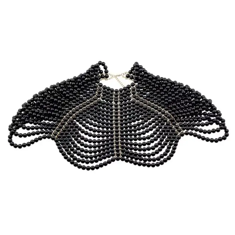 

39BD Handmade Beaded Shoulder Chain Necklace Imitation Pearls Shawl Multi Layer Tassels Statement Fashion Jewelry for Women