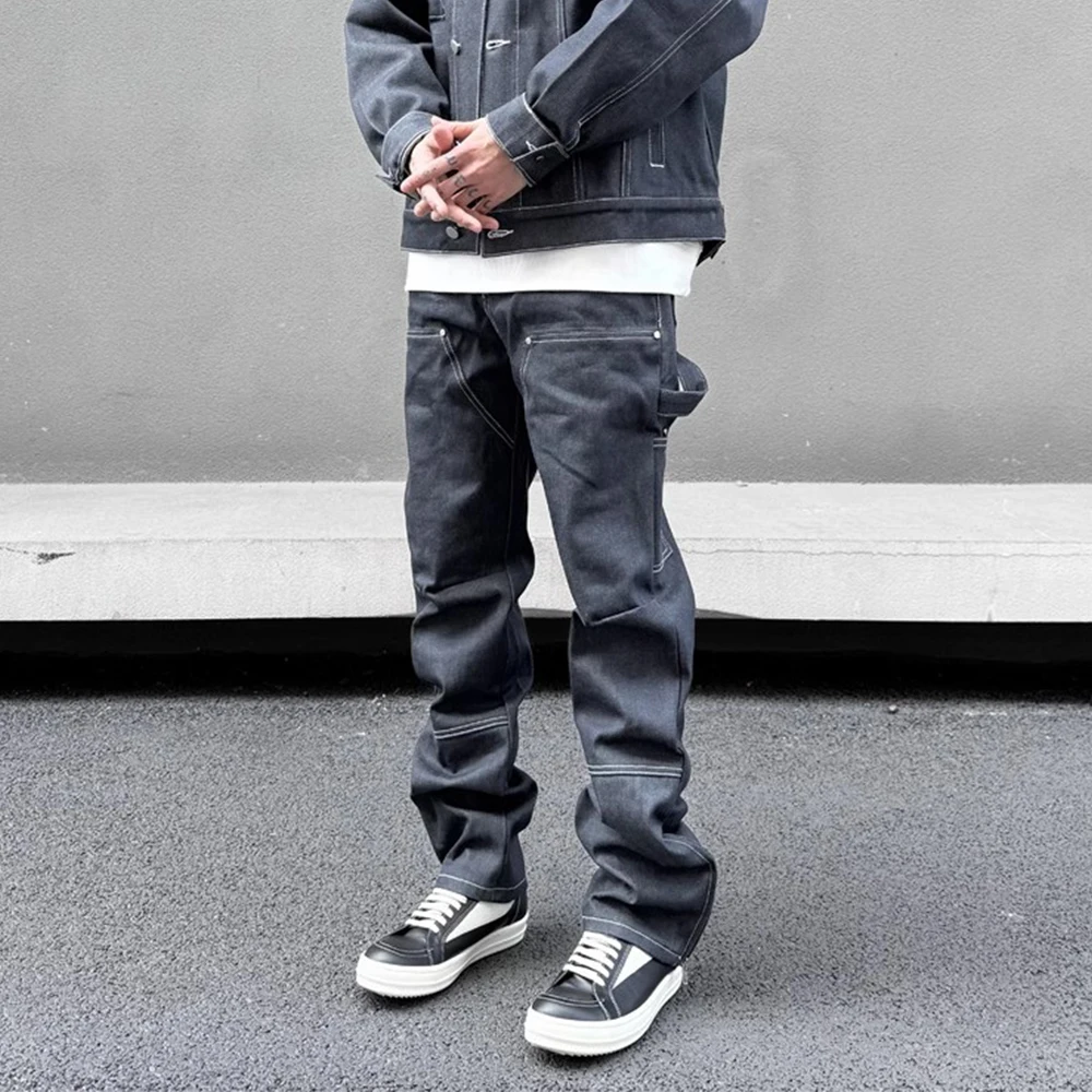 Top Stitch Zimmermann Hose Herren Doppel knie einfarbig High Street Straight Saum Reiß verschluss Hose Herren Jeans – Detail 7