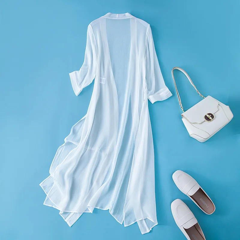 Winsleter-Women 100%Real Silk Elegant Sunscreen Tops, Half Sleeve Solid, Loose Sunshade Coat, 2025 Spring Summer New C53220CC