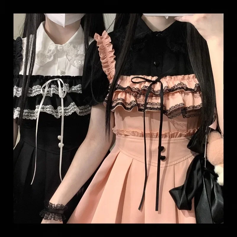 Vestido De Lolita De retazos De encaje sin mangas con cuello De barco para Mujer, vestido De cintura alta, chaleco elegante Delgado, dulce, japonés, Kawaii