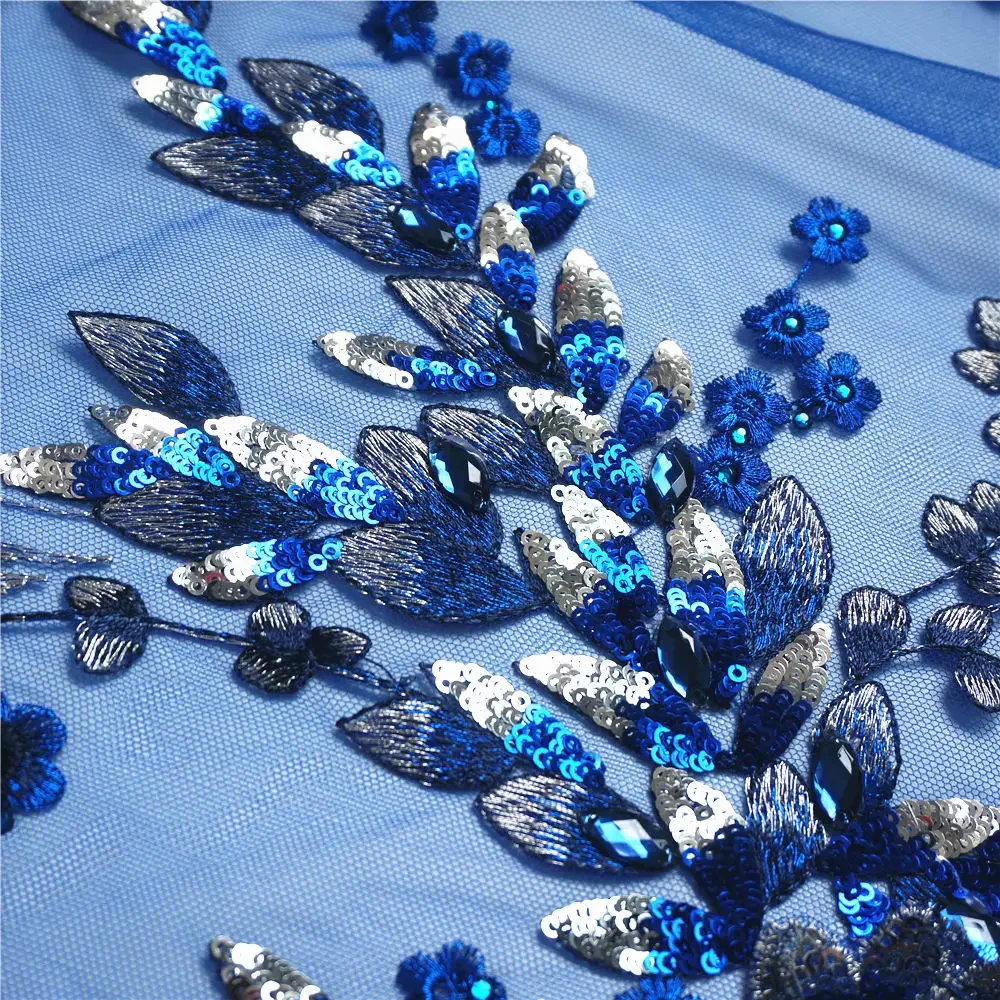 Black Blue Fabric 3D Flowers Beads Sequins Rhinestone Appliques Embroidery Lace Trims Mesh Sew On Patch For Wedding Dress DIY