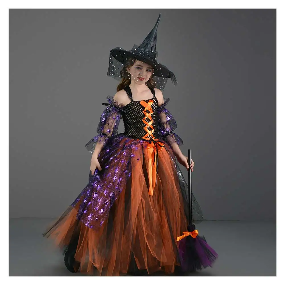 Children Kids Witch Cosplay Stage Performance Dress Hat Girls Child Clothing Costume Outfits Halloween Carnival Party Suit