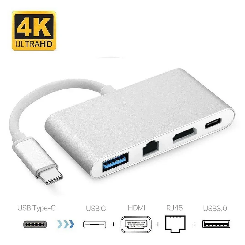 

4in1 Type-C USB 3.1 Male to HDMI-compatible 4K Ethernet RJ45 USB 3.0 Type C Female Cable Adapter USB-C Hub Splitter for Macbook