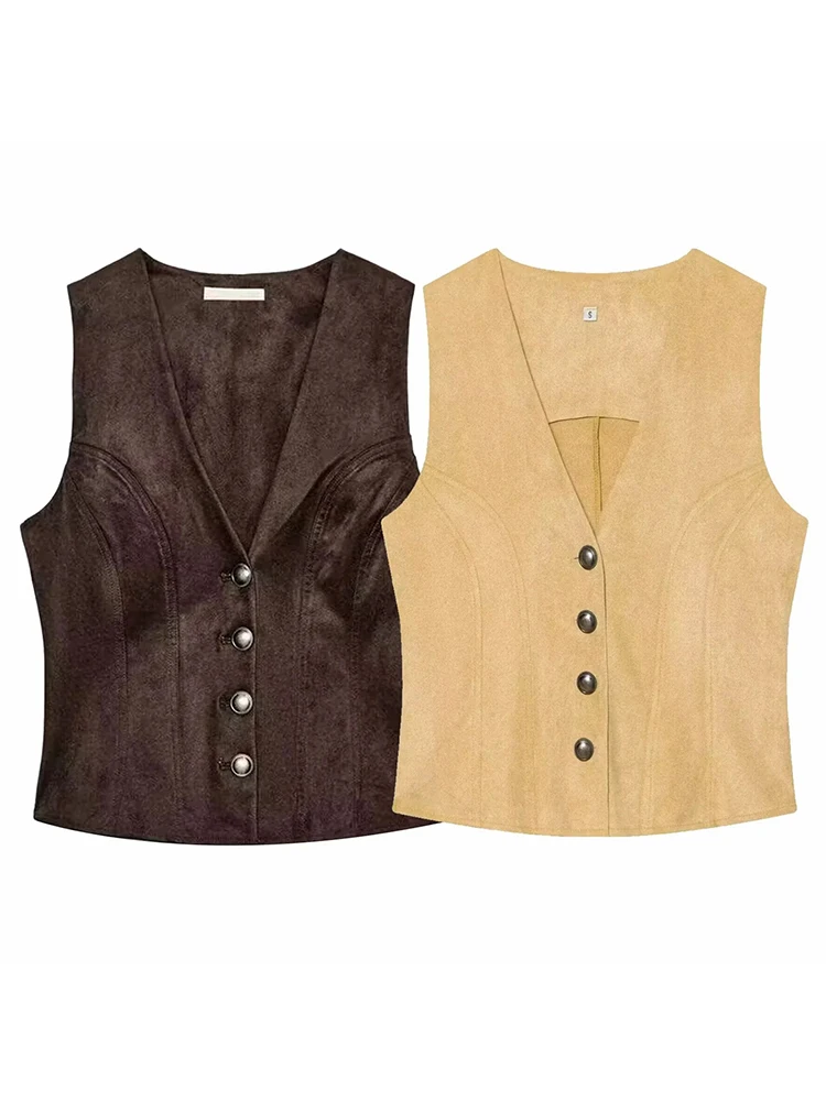 Women's Suede Texture Button up Vest Top Women Summer Tops Sleeveless Short Length V-Neck Street Style Lady Vest