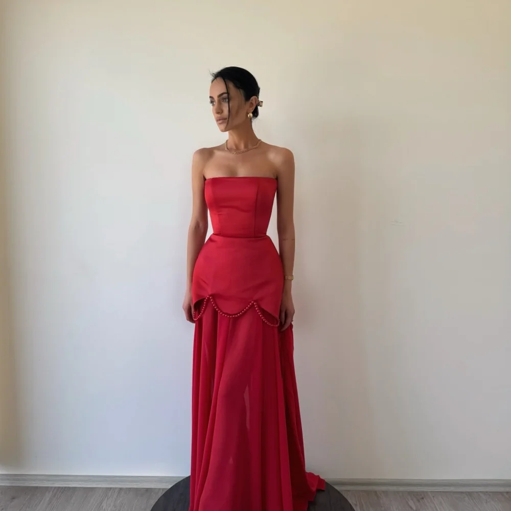 Bella Customized Pearls Two-Piece Set robes de soirée Strapless Sleeveless Satin Party Dresses Floor-Length Prom Dress 2025 image 2