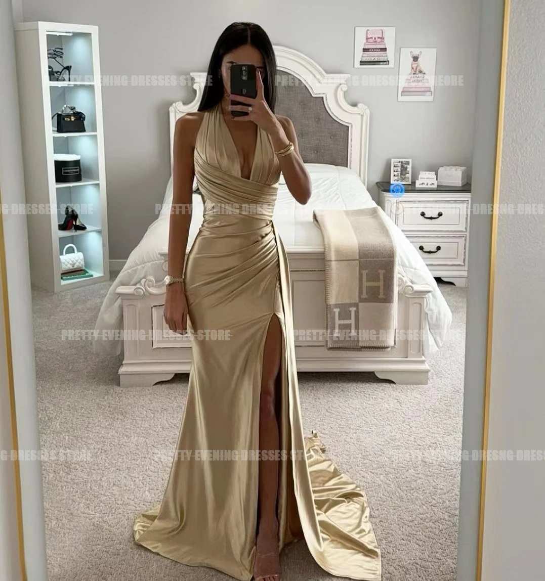 Einfache sexy Abendkleider glatte Satin Meerjungfrau Abschluss ball wächst ärmellose Falte V-Ausschnitt formale Seite Split Party Gala Vestidos