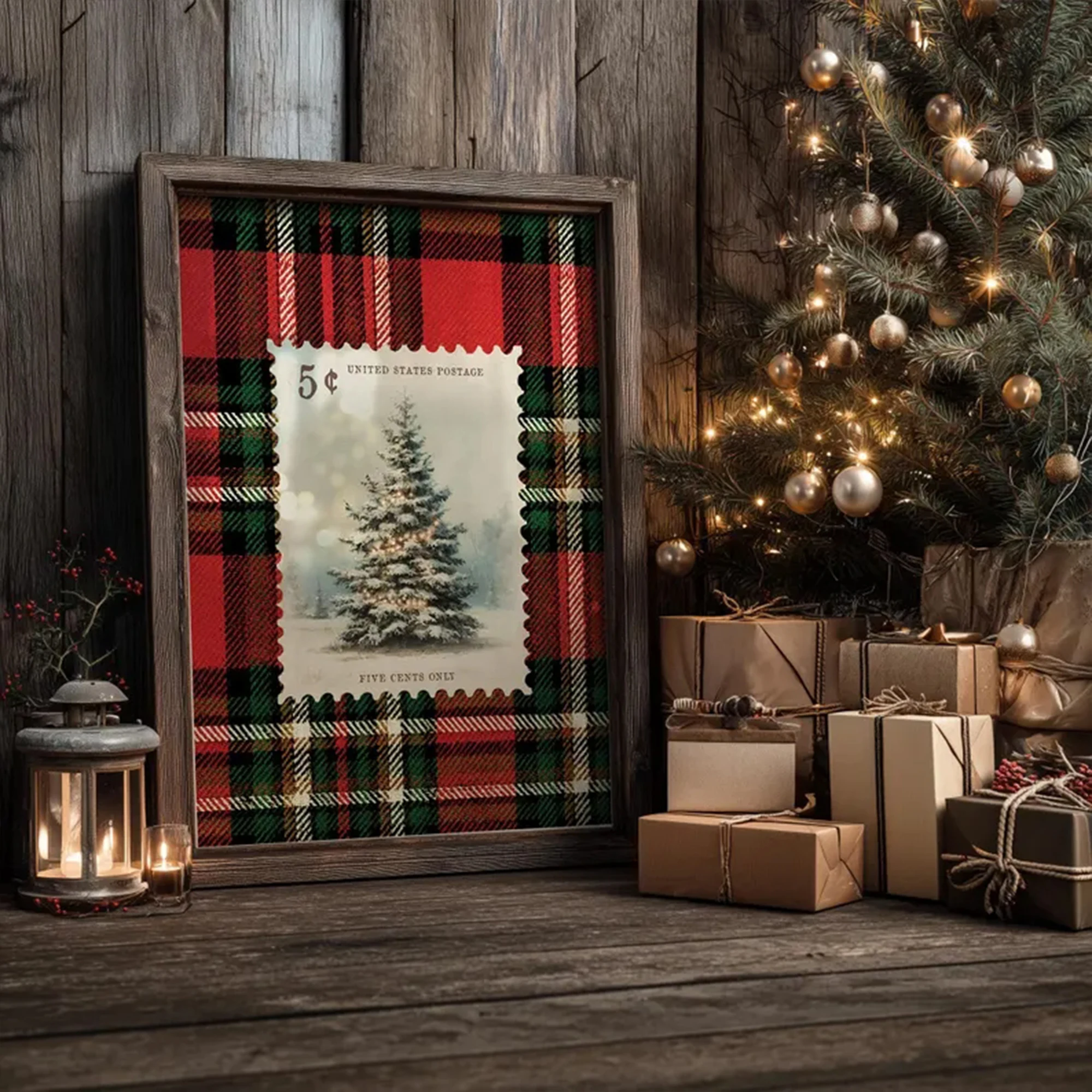 Retro Christmas Tree Stamp On Plaid Background Wall Art Print Canvas Painting Poster Picture For Living Room,Bedroom Home Decor