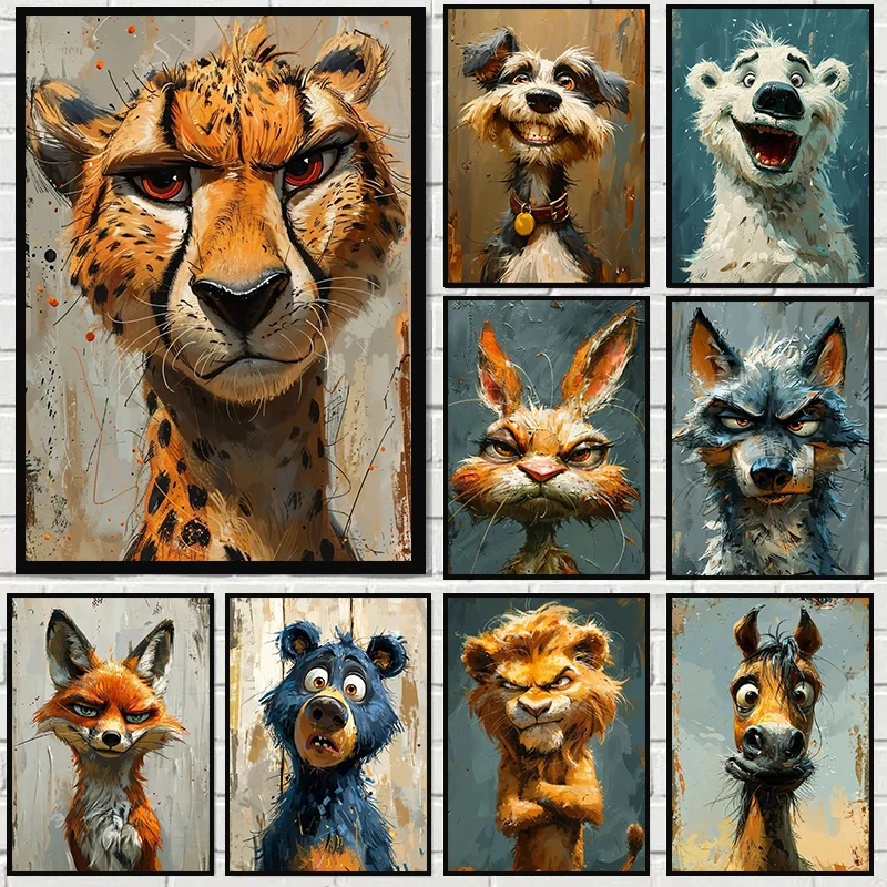 

Funny Animals Laugh Painting Poster Canvas Prints Dog Cat Polar Bear Lion Aesthetic Wall Art Picture Kids Room Decoration Mural