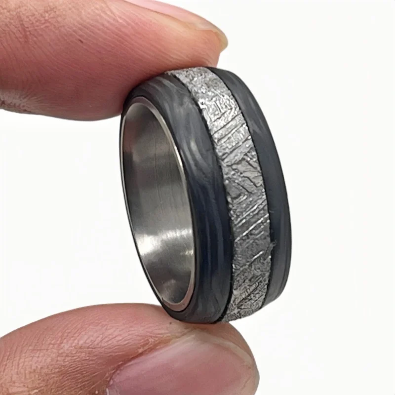 Natural Muonionalusta Iron Meteorite Inlay Ring Polished Marbled Outer Band Fashion Collectible Jewelry Gift -K73