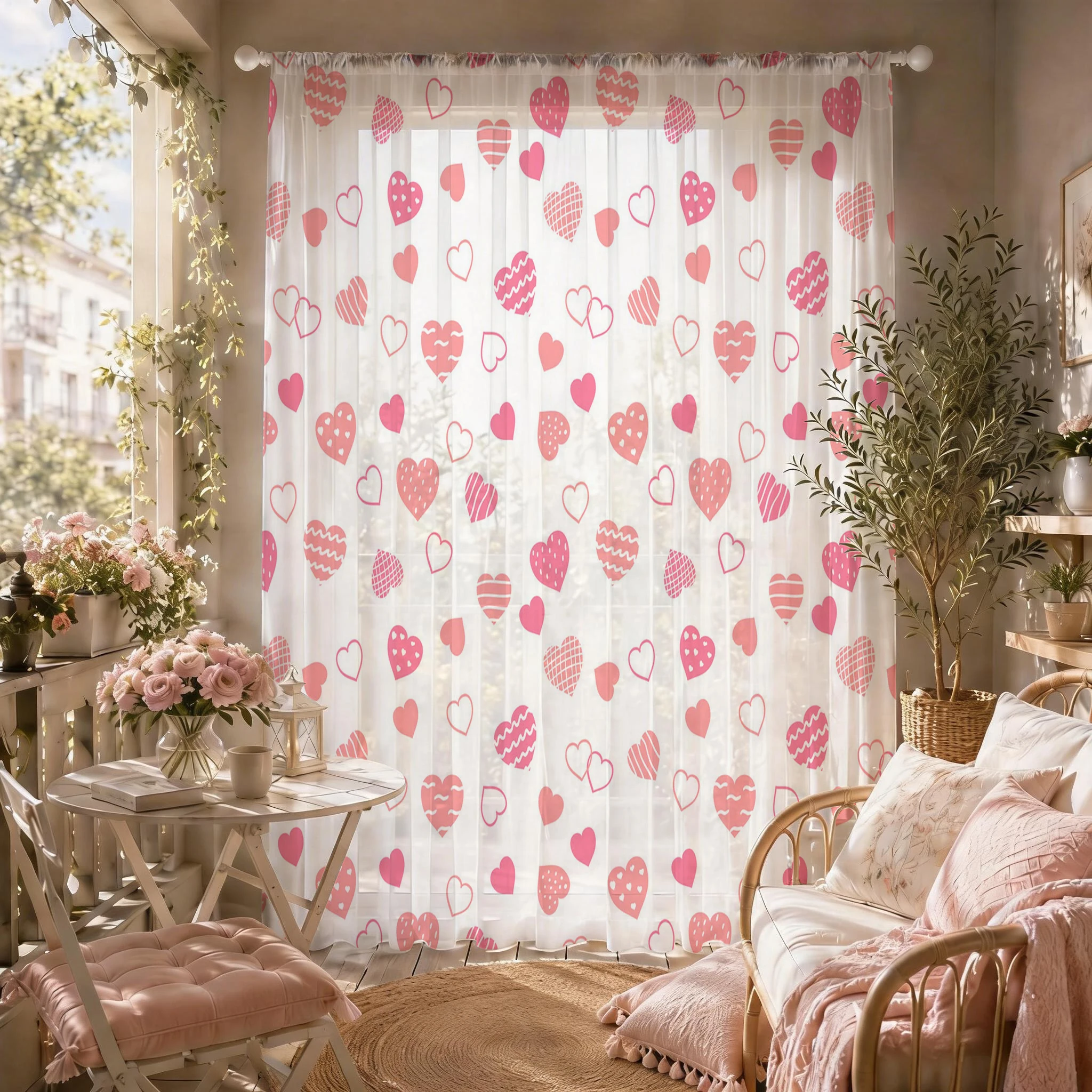 Coral Pink Heart Rod Pocket Sheer Curtains, Romantic Love Voile Window Curtain for Girls Bedroom Living Room Home Decor