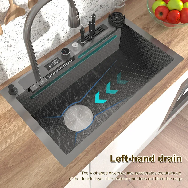 Stainless Steel Kitchen Sink Waterfall Sink Embossed Large Single-slot Multi-functional Sink With Drain On The Left Side