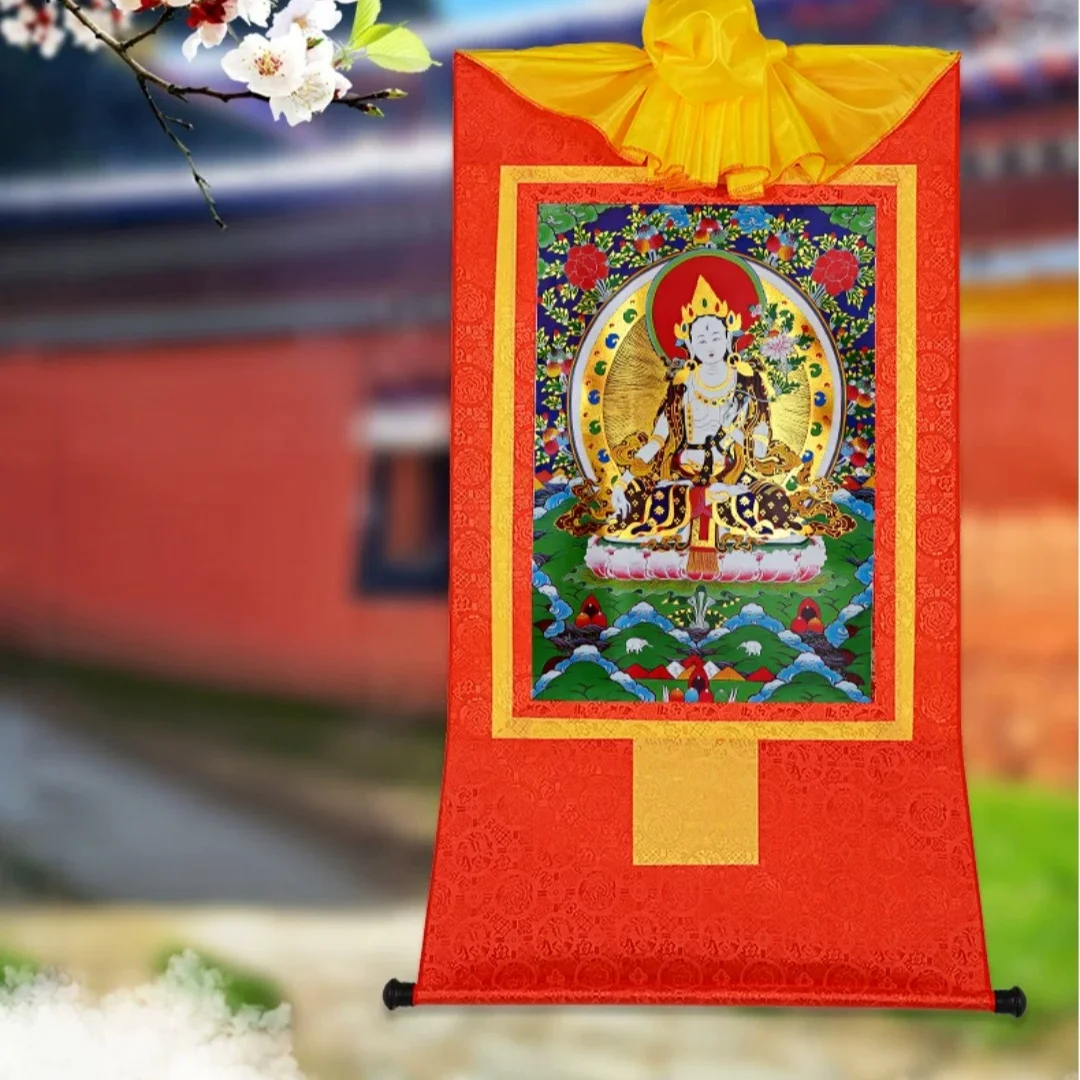 White Tara Buddha Thangka Gold Gilded Silk Scroll 35cm Tibetan Blessing Longevity Wall Hanging Home Decor