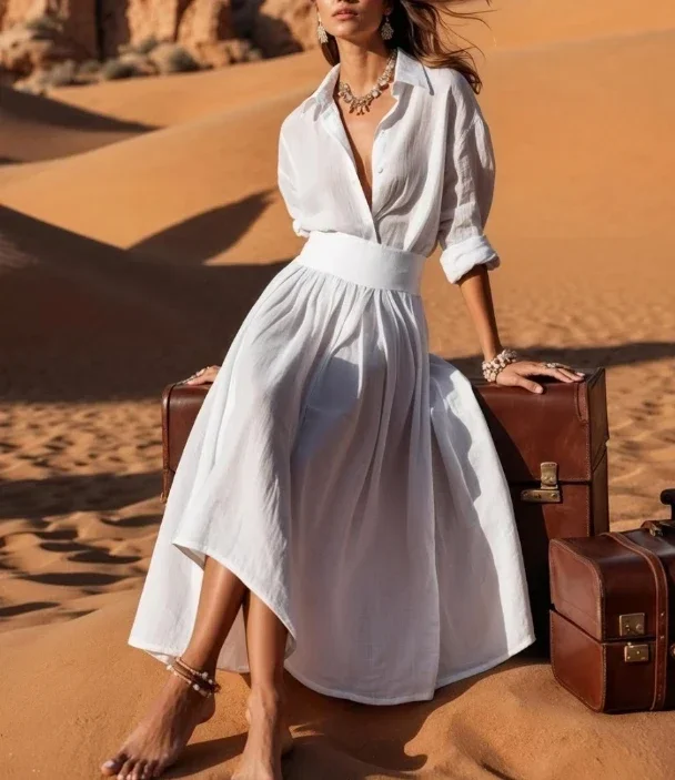 エレガントな女性のドレス新しい長袖ソリッドカラー V ネックシャツハイウエストロング A ラインドレスカジュアルファッション女性のドレス