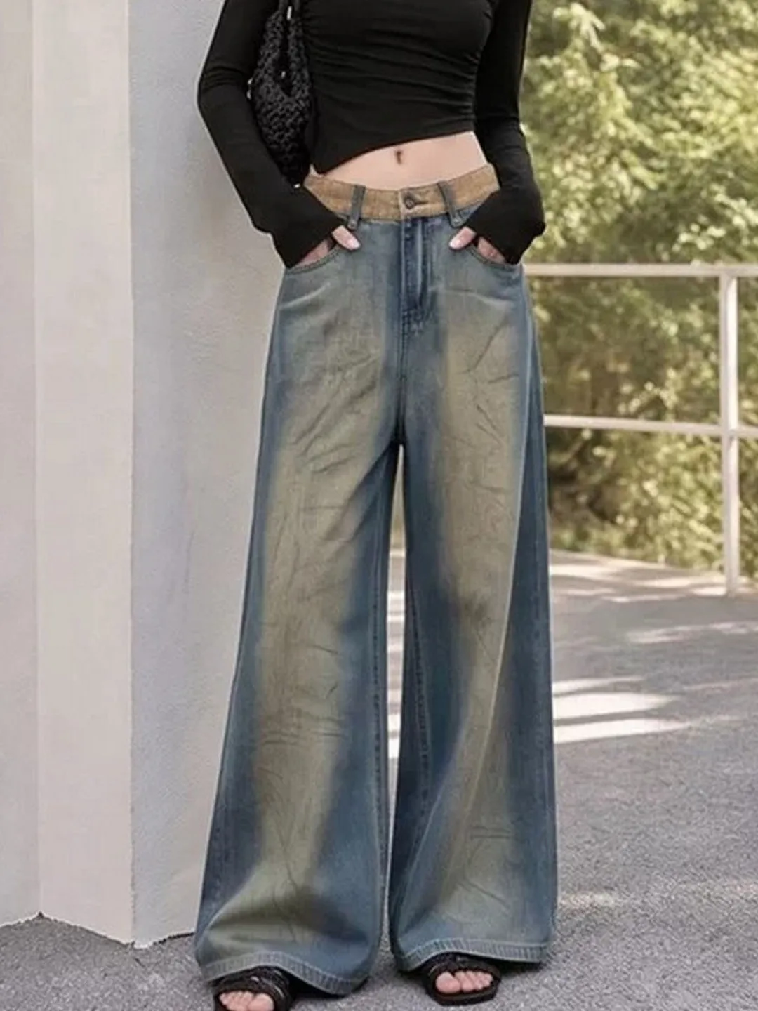 Fall 2026 High Waist Loose Women's Jeans Washed out Dyeing Long Pants Floor-Length Trousers Commute Style Blue Denim