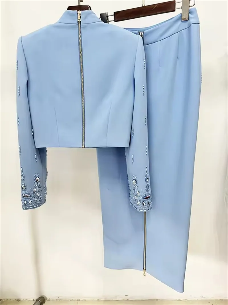 Suit Set Women New Fashion Beads Diamonds Half Skirt Suit 2025  Stand Collar Zip Back Cropped Tops Long Skirt Set 2pcs