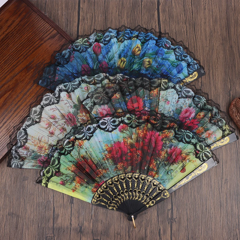 Chinese Japanese Silk Folding Fan Wooden Shank Classical Dance Fan High Quality Tassel Elegent Female Fan Home Decoration