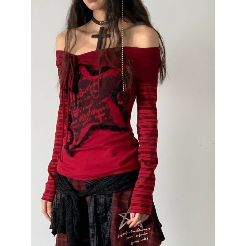 Women's New Spliced   pullover One-line Printed Fashionable Slim Versatile Casual Long-sleeved Tops