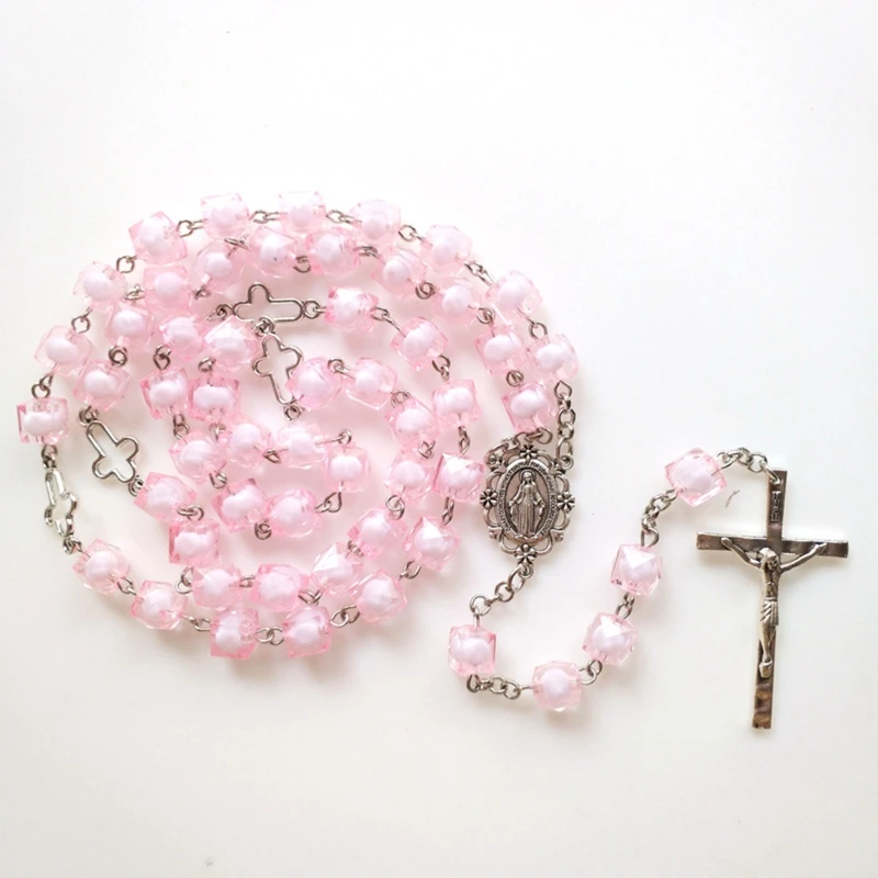 Pink Square Catholic Rosary Necklace, Sacred Catholic Jewelry, Pendant for Birthday, Wedding, Festival Party Decoration