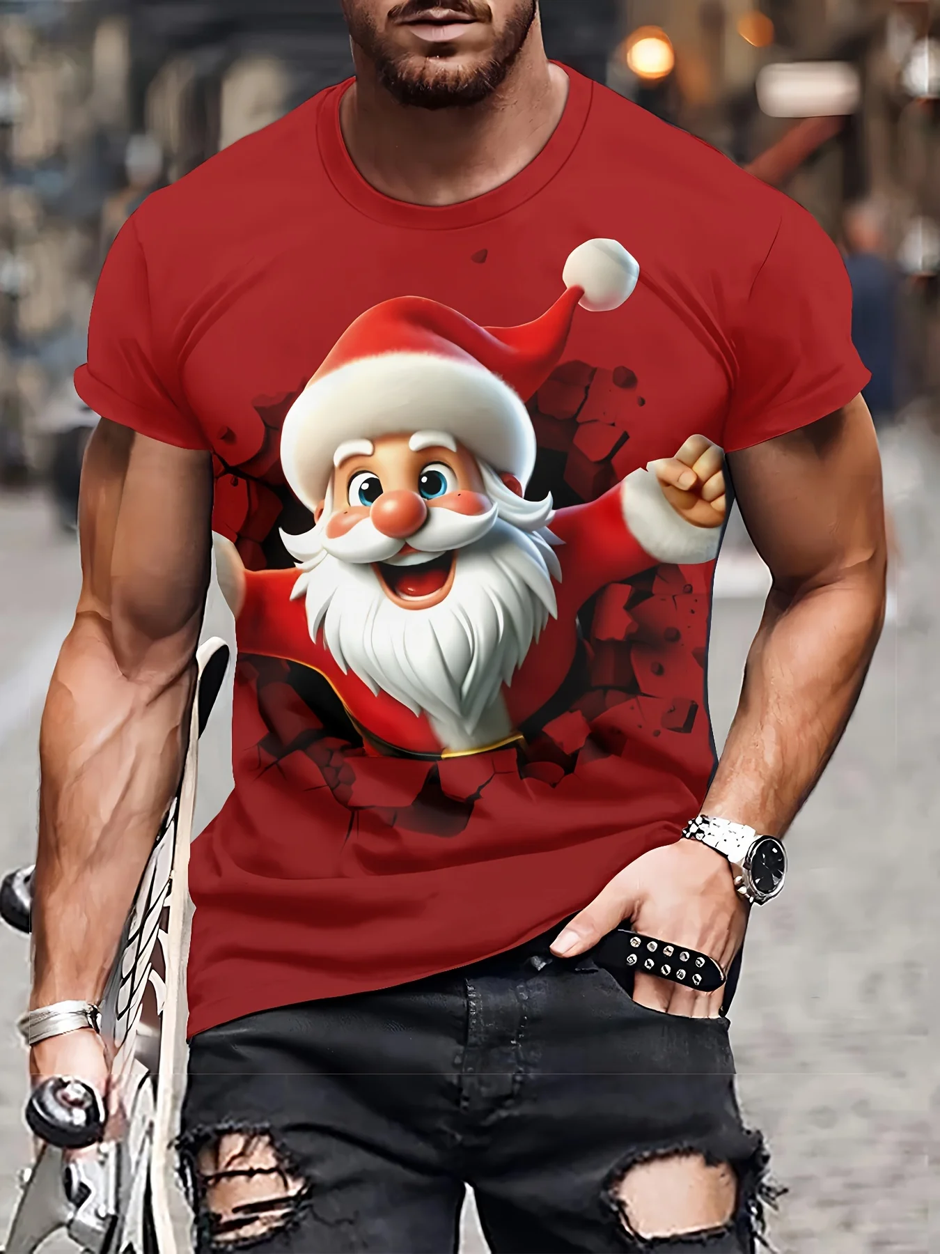 Men Fashion Christmas Print T‑Shirt, Vivid 3D Santa Breaking Wall Art Short Sleeve Crew Neck Holiday Casual Tee