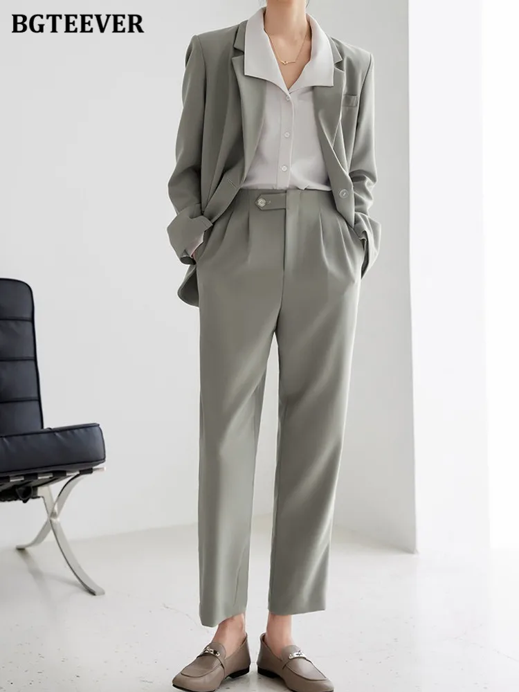 BGTEEVER Spring 2 Pieces Ladies Blazer Set Long Sleeve Single Button Suit Jackets & Wide Leg Trousers Women Pant Suits