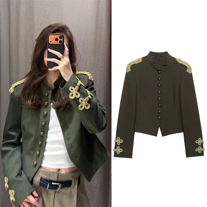 Guobioziy 2026 Women's Coat Fall New Arrival Military Green Long-Sleeve Knight-Style Blazer with Rope Knot Decoration Trendy
