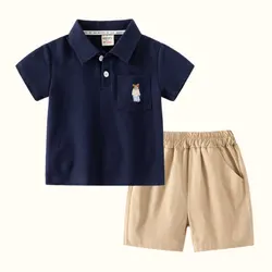 Conjunto de ropa de verano para niños, Camiseta con cuello de solapa y pantalones cortos, bonito conjunto de dibujos animados, POLO para niños pequeños