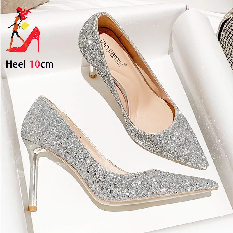 

Женские туфли-лодочки на шпильке 10 см, удобные туфли с острым носком, роскошные вечерние модельные туфли с блестками, женские свадебные туфли на высоком каблуке