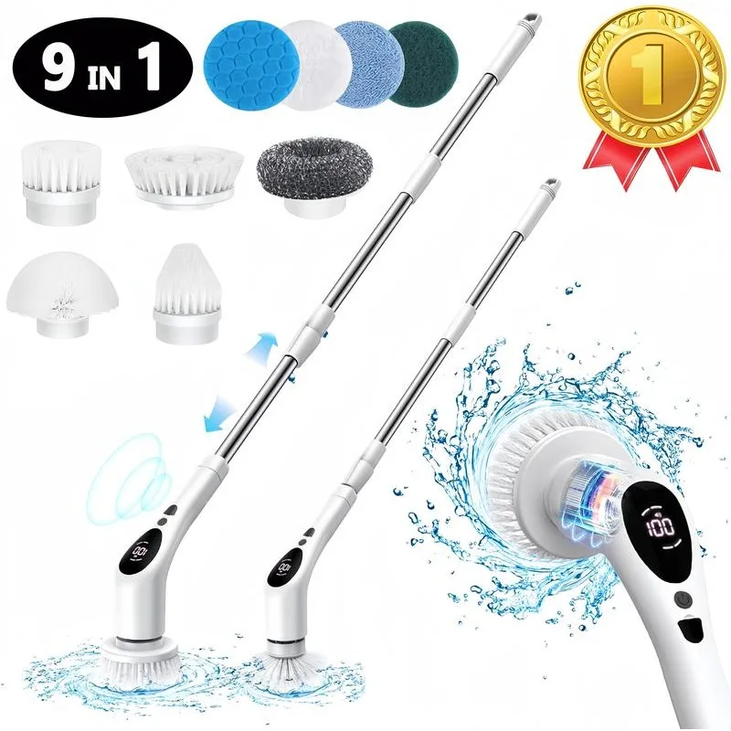 9 in 1 Electric Spin Scrubber, 2024 New Cordless Voice Prompt Cleaning Brush with 9 Replaceable Brush Heads