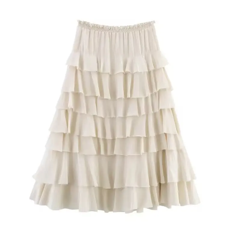 Série de Moda Fena Nova Primavera JNLEAOG, Saia Midi Decorativa em Camadas, Casual, Cintura Alta, Fibra de Poliéster, Sai...