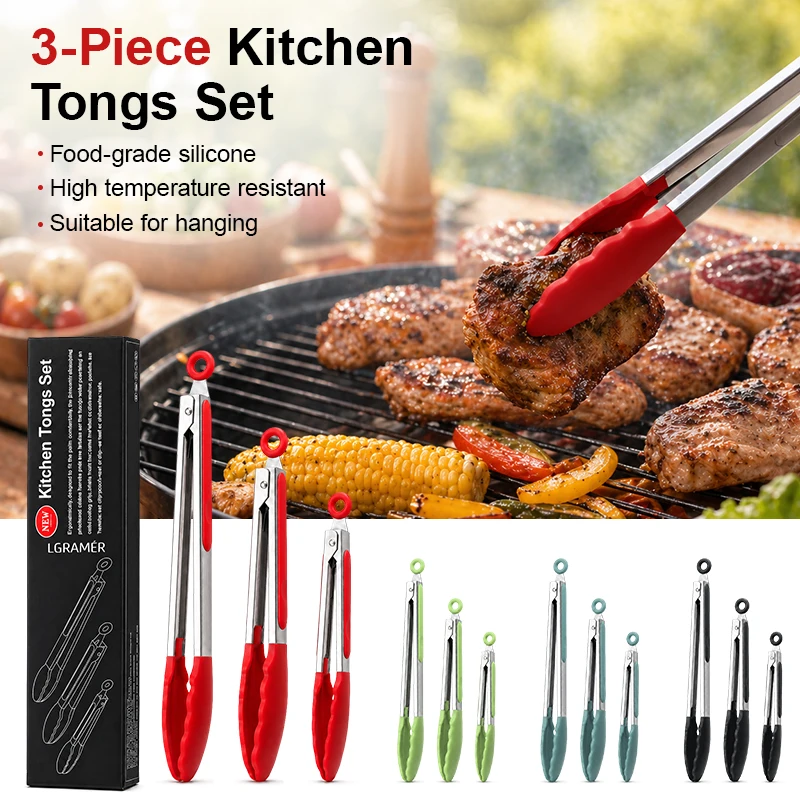 7/9/12 Inch Food Grade Silicone Kitchen Tongs 3 Size  Kitchen Tongs Stainless Steel Heat Resistant BBQ Grilling Food Clip