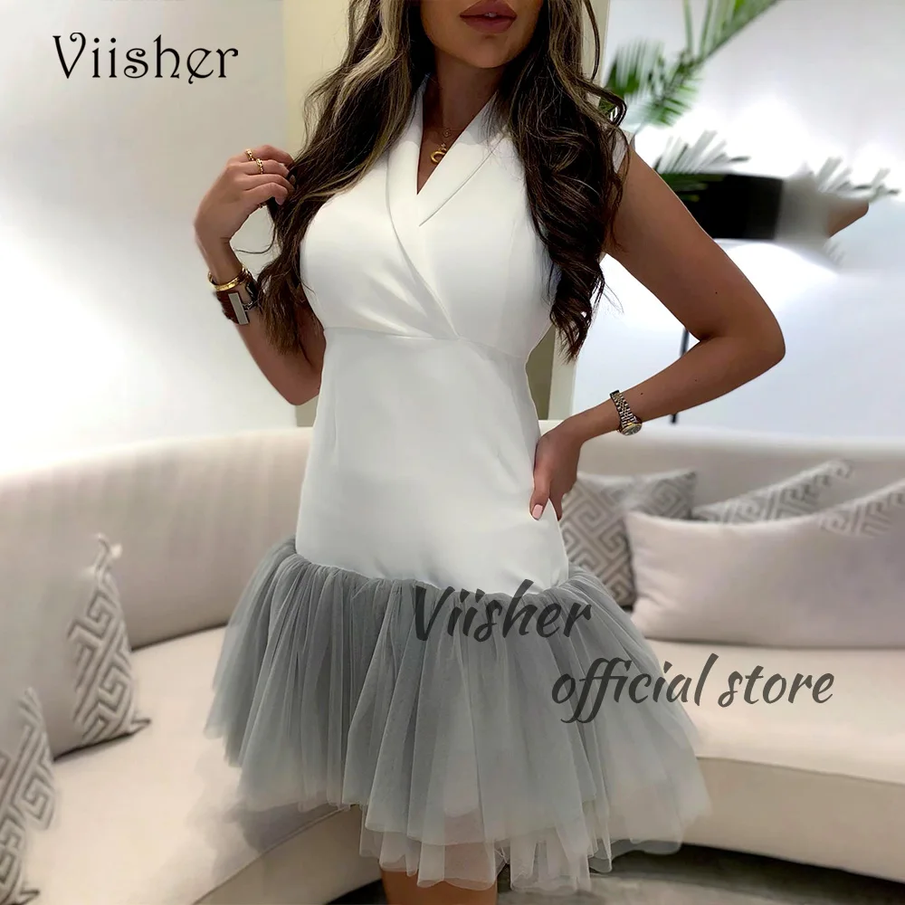 

Viisher Arabic Dubai Prom Party Dresses Sleeveless V Neck Pleats Tulle Mermaid Evening Dress Above Knee Dubai Evening Gowns