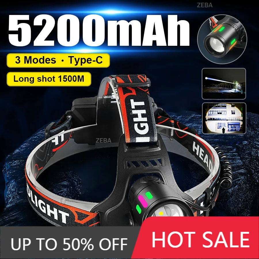 

2026 High Power LED Headlamp Alloy 5200mAh Work12 Hours Headlight Rechargeable Head Lantern Work Fishing Front LED Head