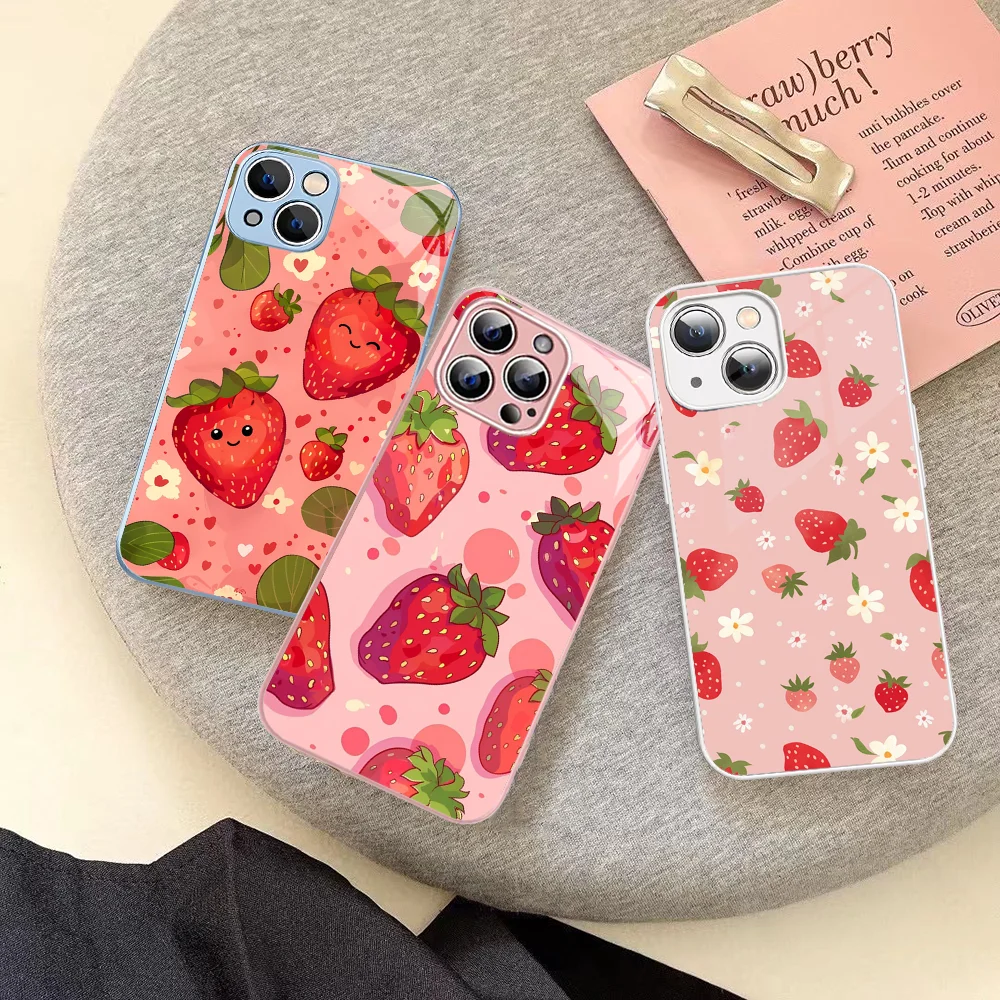 

Summer Strawberry Flowers Print Phone Case For IPhone 14 13 12 Mini 11 Pro XS Max X XR 14 Plus Tempered Glass Cover