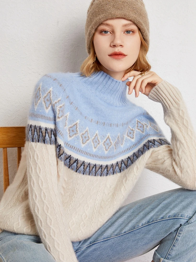 Autumn Winter Women Cashmere Sweater Mock Neck Pullover Jacquard Fair Isle 100% Cashmere Knitwear Thick Long Sleeve Vintage Knit