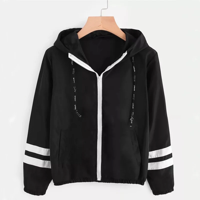 Mode Mit Kapuze Windjacke Jacke Frauen Elegante Farbe Block Patchwork Zipper Bomber Jacke Herbst Mantel Lässig Oberbekleidung Regenmantel