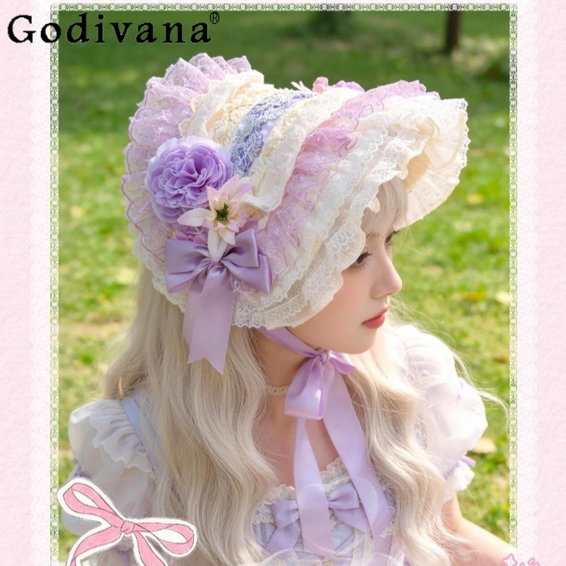 

Винтажная соломенная шляпа в стиле Лолита для женщин, с кружевным бантом и фиолетовым цветком, ручной работы, милая шляпа от солнца для вечеринок, свадеб, пляжа, головной убор для девушек